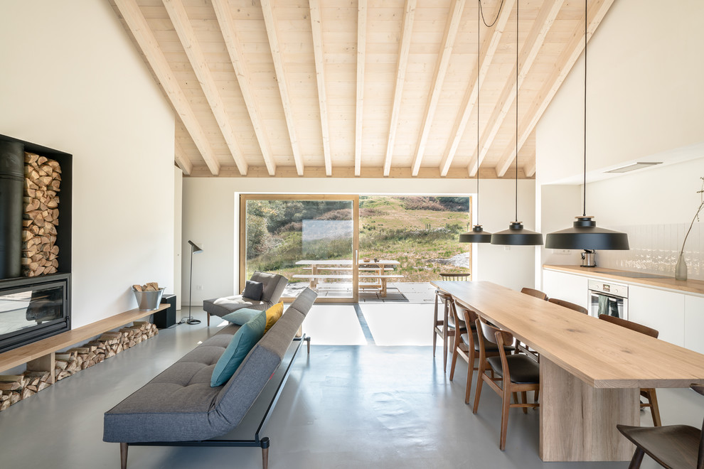 Foto di un grande soggiorno scandinavo aperto con sala formale, pareti bianche, pavimento in cemento, stufa a legna e pavimento grigio