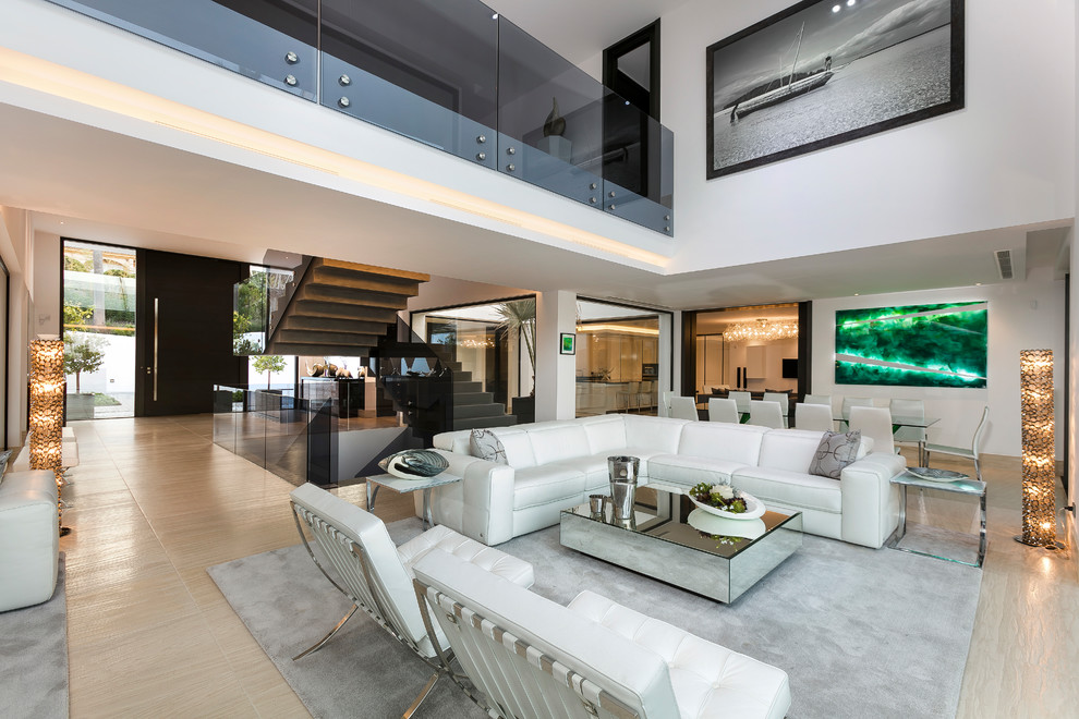 Expansive contemporary formal open plan living room in Other.