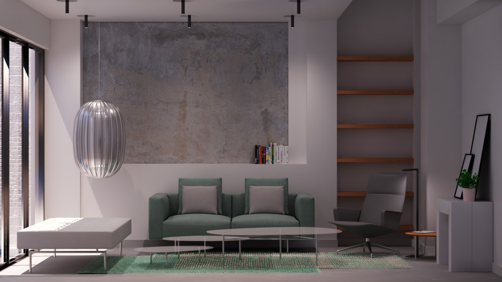 Foto di un soggiorno minimalista di medie dimensioni e aperto con pareti bianche, pavimento in cemento, nessun camino, TV a parete, pavimento grigio e soffitto ribassato
