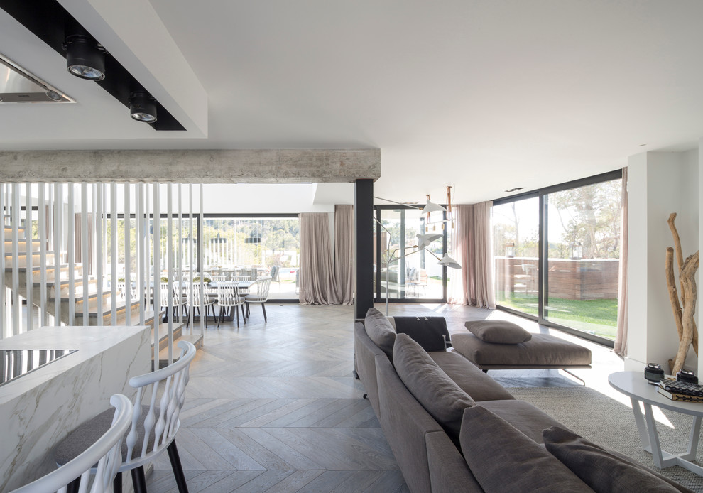Foto di un ampio soggiorno minimalista aperto con sala formale, pareti bianche e nessun camino