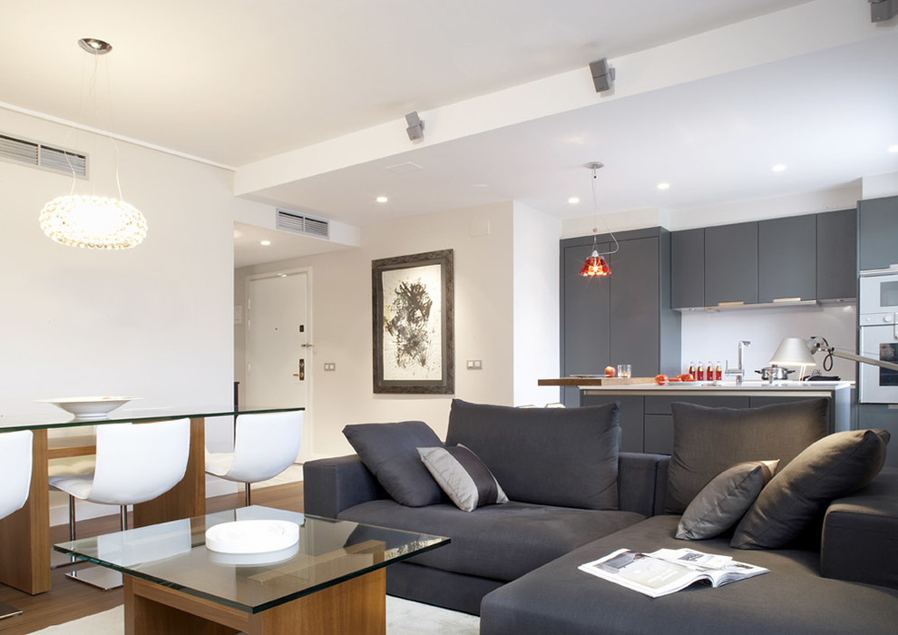 Mittelgroßes, Abgetrenntes Modernes Wohnzimmer ohne Kamin mit weißer Wandfarbe, braunem Holzboden und freistehendem TV in Barcelona