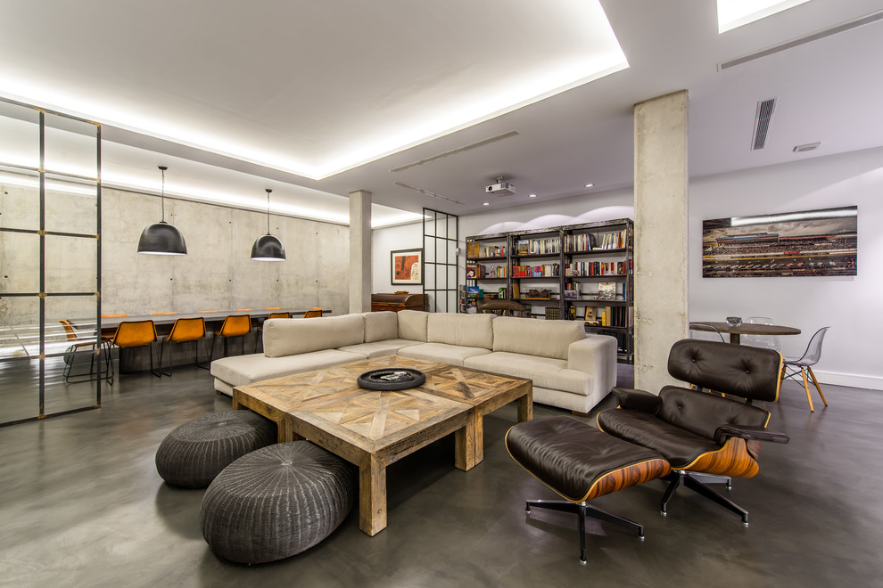 Geräumige, Offene Industrial Bibliothek mit grauer Wandfarbe und Betonboden in Madrid