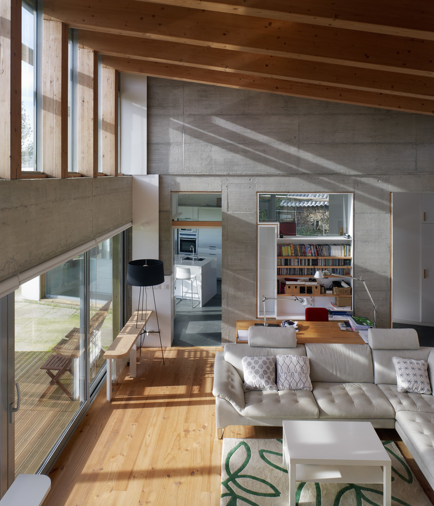 Esempio di un grande soggiorno design con pareti grigie e parquet chiaro