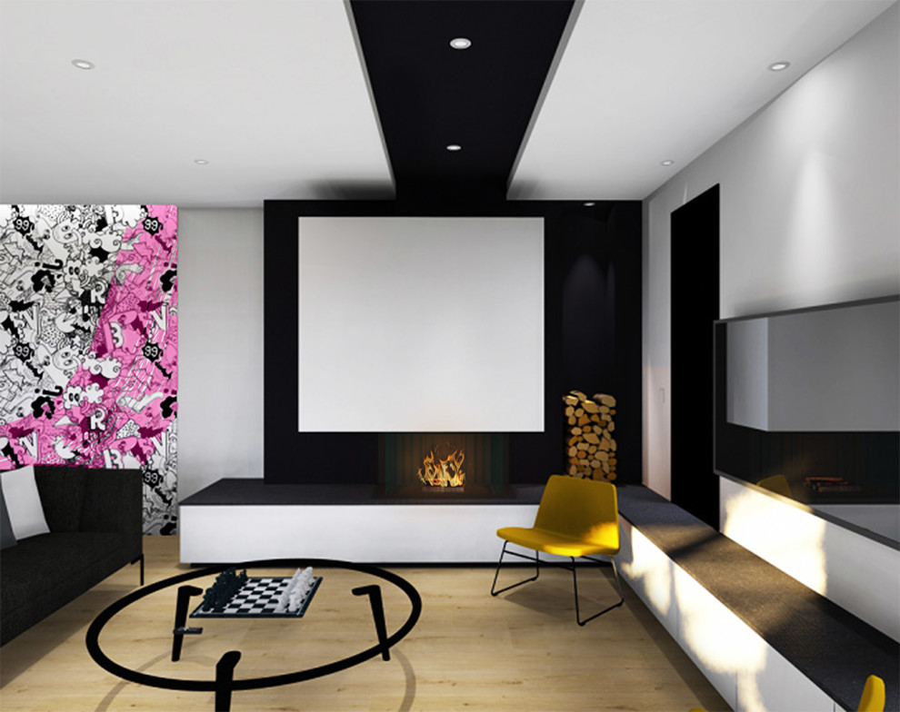 Cette image montre un grand salon design ouvert avec une salle de réception, un mur blanc et un téléviseur fixé au mur.