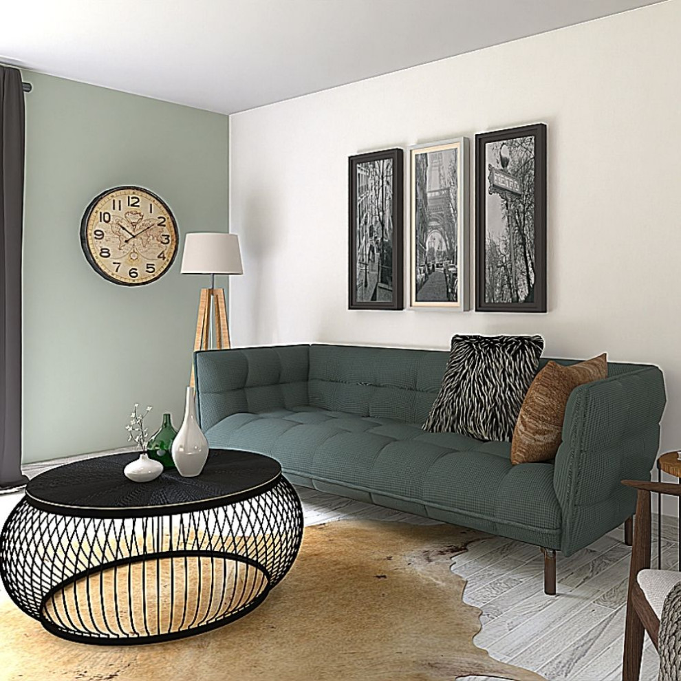 Cette photo montre un salon scandinave de taille moyenne et ouvert avec un mur vert, parquet clair, une cheminée standard, un sol gris et du papier peint.