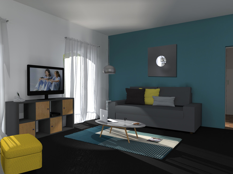 Foto di un soggiorno scandinavo di medie dimensioni e aperto con pareti blu, parquet scuro e pavimento nero