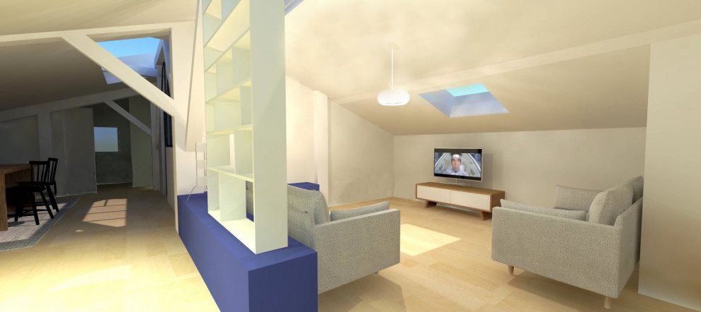 Пример оригинального дизайна: гостиная комната в стиле лофт с полом из ламината