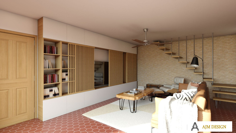 Идея дизайна: большая изолированная гостиная комната в стиле кантри с с книжными шкафами и полками, бежевыми стенами, полом из терракотовой плитки и скрытым телевизором