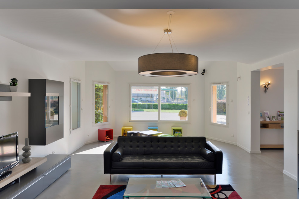 Großes Modernes Wohnzimmer im Loft-Stil mit weißer Wandfarbe, Betonboden, Kaminofen und freistehendem TV in Paris