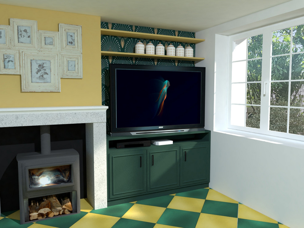 На фото: маленькая открытая гостиная комната в стиле неоклассика (современная классика) с зелеными стенами, полом из керамической плитки, стандартным камином, фасадом камина из камня и зеленым полом без телевизора для на участке и в саду