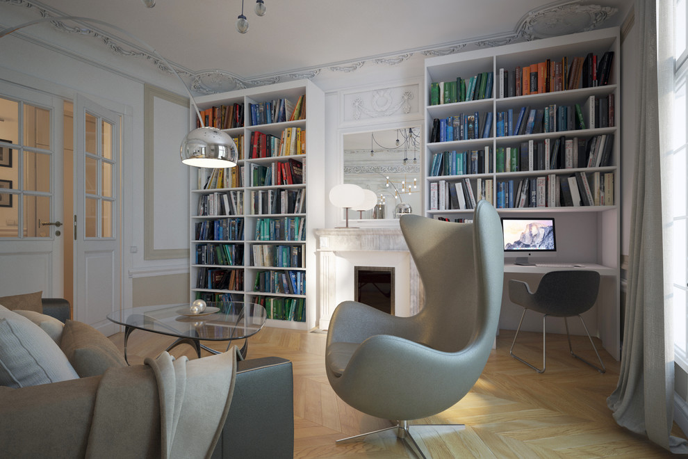 Mid-sized elegant living room library photo in Paris with beige walls, a two-sided fireplace and no tv