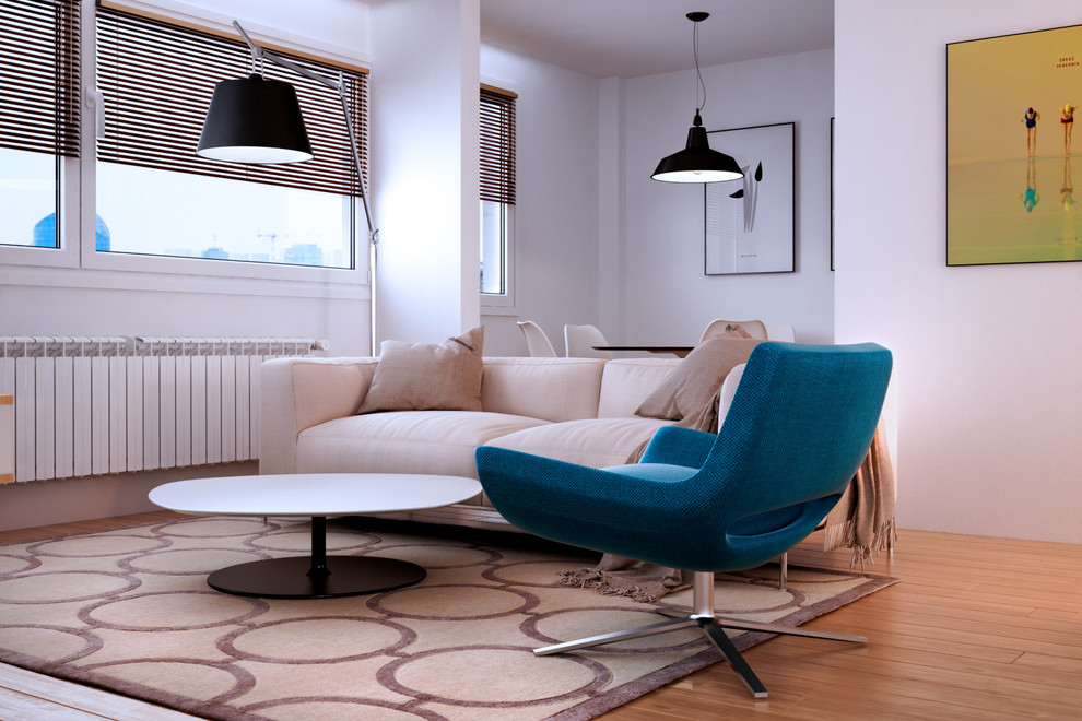 Esempio di un grande soggiorno minimalista con pavimento marrone, pareti bianche e nessun camino