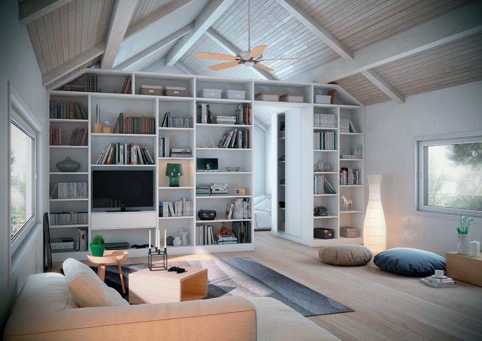 Idée de décoration pour un salon avec une bibliothèque ou un coin lecture.