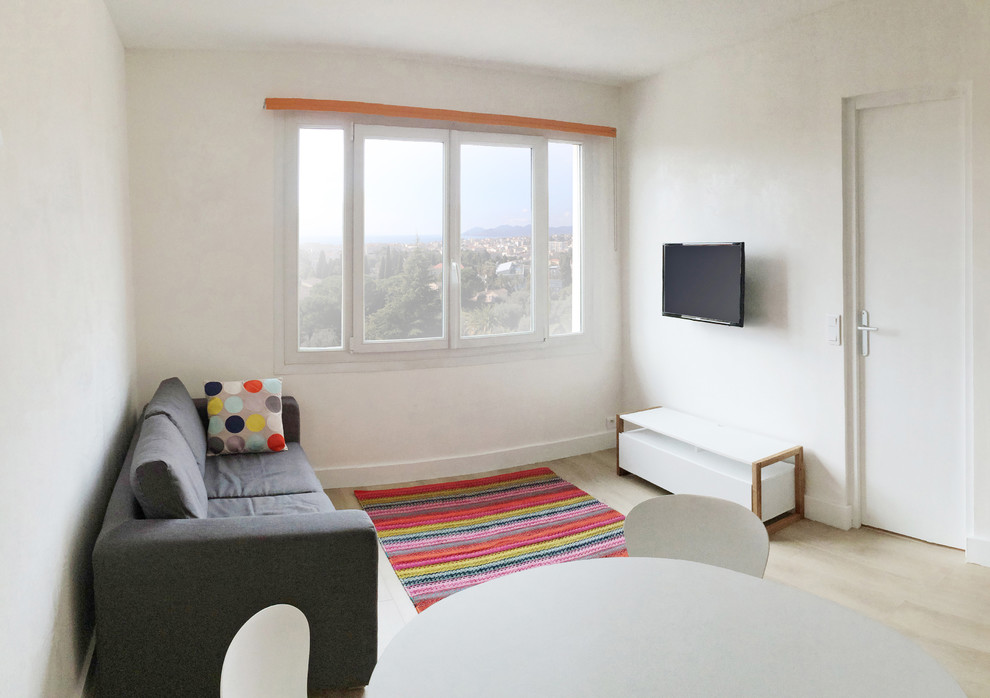 Kleines Modernes Wohnzimmer mit Sperrholzboden in Paris