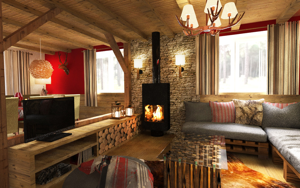 Immagine di un piccolo soggiorno rustico aperto con libreria, pareti rosse, parquet chiaro, stufa a legna, cornice del camino in metallo e TV autoportante