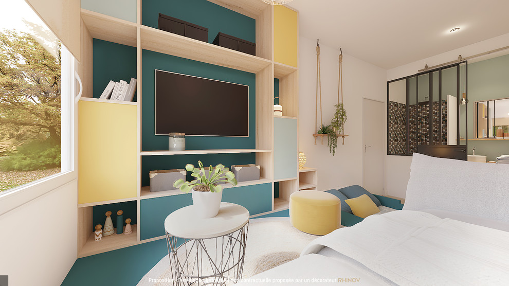 На фото: гостиная комната в скандинавском стиле с телевизором на стене и синим полом с