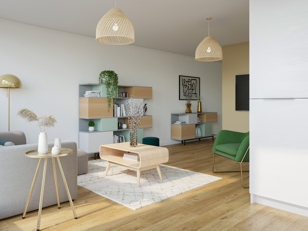 Idéer för mellanstora skandinaviska allrum med öppen planlösning, med beige väggar, ljust trägolv, en väggmonterad TV och brunt golv
