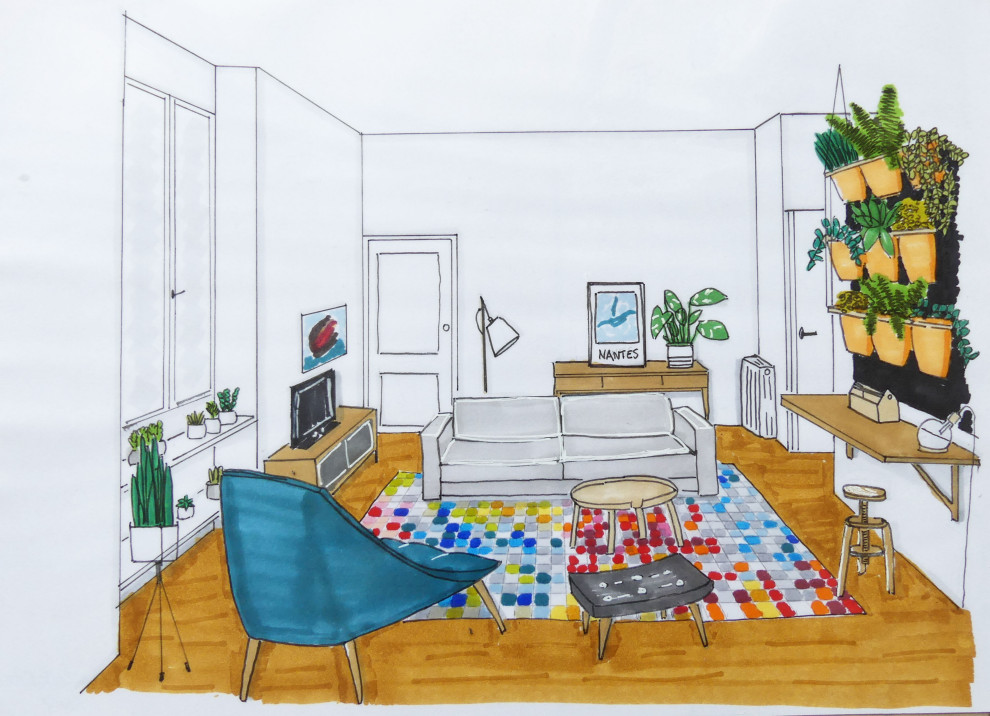 Kleines, Offenes Modernes Wohnzimmer mit weißer Wandfarbe, hellem Holzboden und freistehendem TV in Nantes