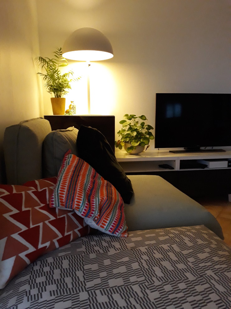 Immagine di un soggiorno contemporaneo chiuso con pareti bianche, pavimento in terracotta, stufa a legna, TV autoportante e pavimento marrone