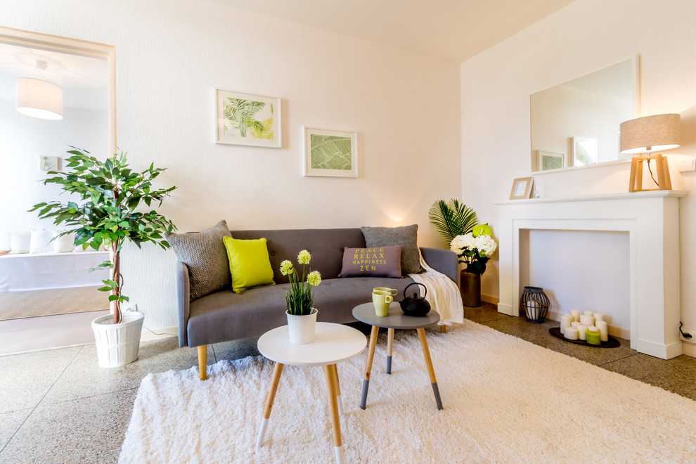 Idéer för mellanstora minimalistiska separata vardagsrum, med vita väggar och en standard öppen spis