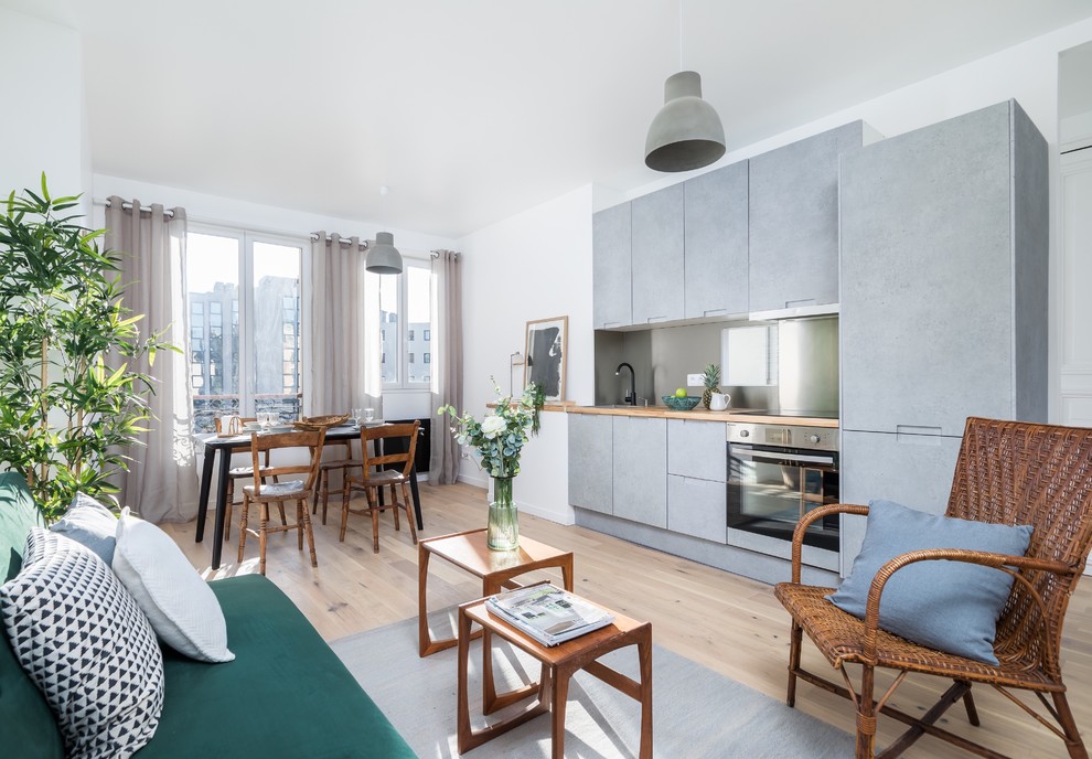 Offenes Nordisches Wohnzimmer mit weißer Wandfarbe, hellem Holzboden und beigem Boden in Paris