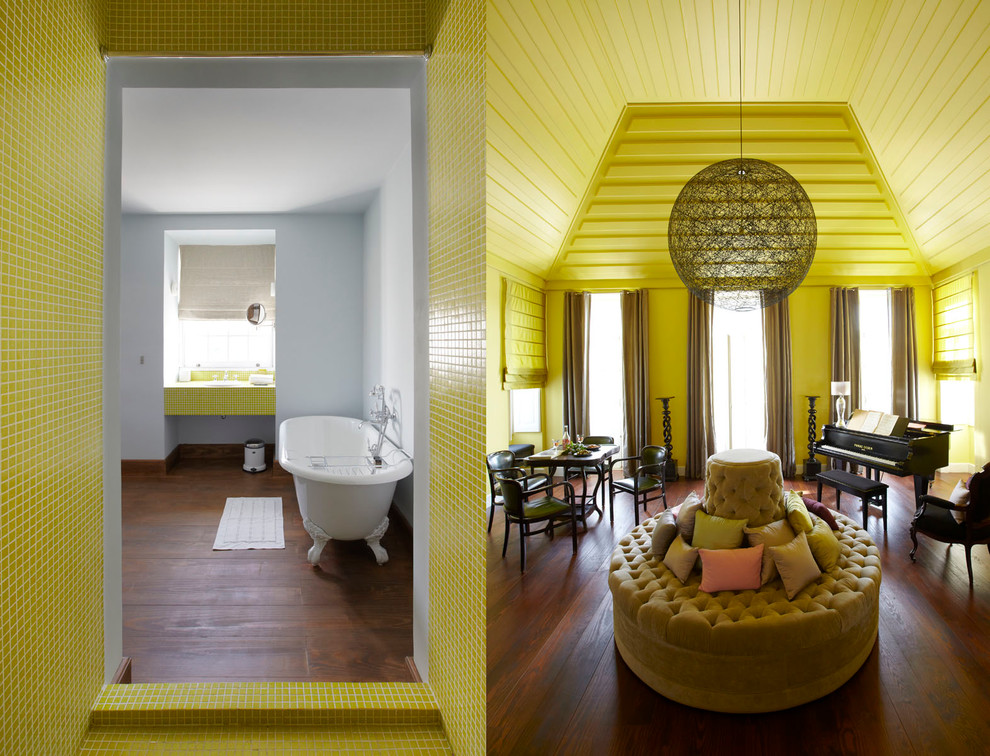 Идея дизайна: гостиная комната в стиле неоклассика (современная классика) с красивыми шторами
