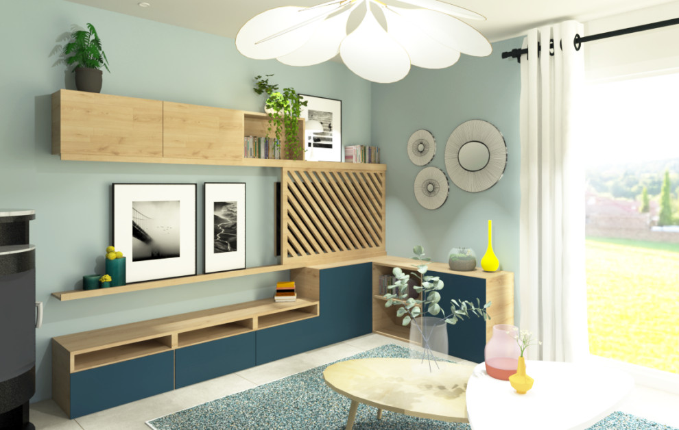 Источник вдохновения для домашнего уюта: огромная открытая гостиная комната в современном стиле с синими стенами, полом из керамической плитки, печью-буржуйкой, скрытым телевизором и бежевым полом