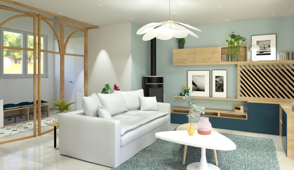 Exempel på ett mycket stort modernt allrum med öppen planlösning, med blå väggar, klinkergolv i keramik, en öppen vedspis, en dold TV och beiget golv
