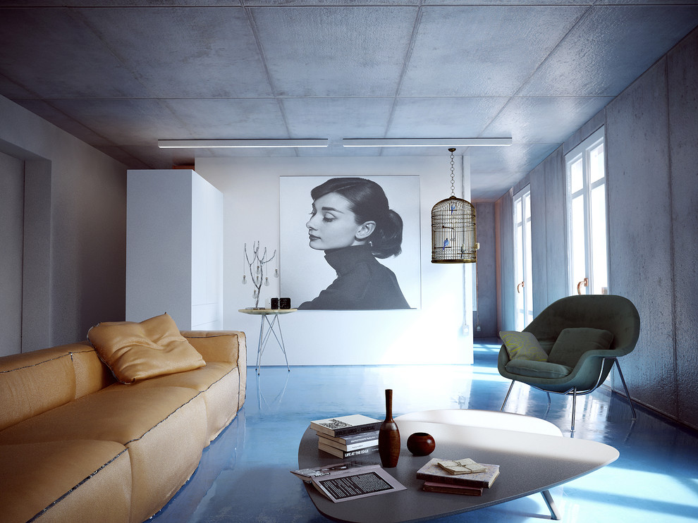 На фото: большая парадная, открытая гостиная комната в современном стиле с серыми стенами и бетонным полом без камина, телевизора с