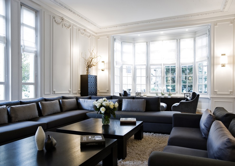 Repräsentatives, Großes, Abgetrenntes Klassisches Wohnzimmer mit weißer Wandfarbe in Paris