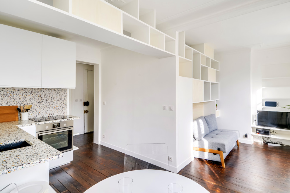Inspiration för ett litet minimalistiskt vardagsrum