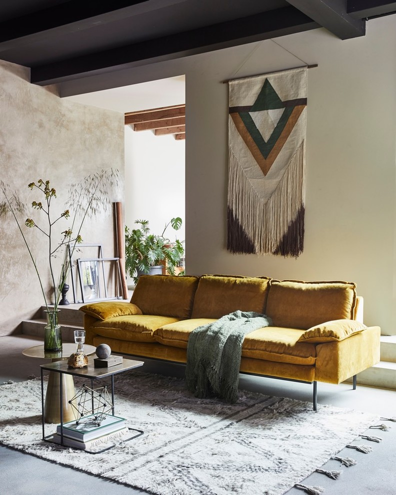 Immagine di un soggiorno contemporaneo con pareti bianche e pavimento grigio