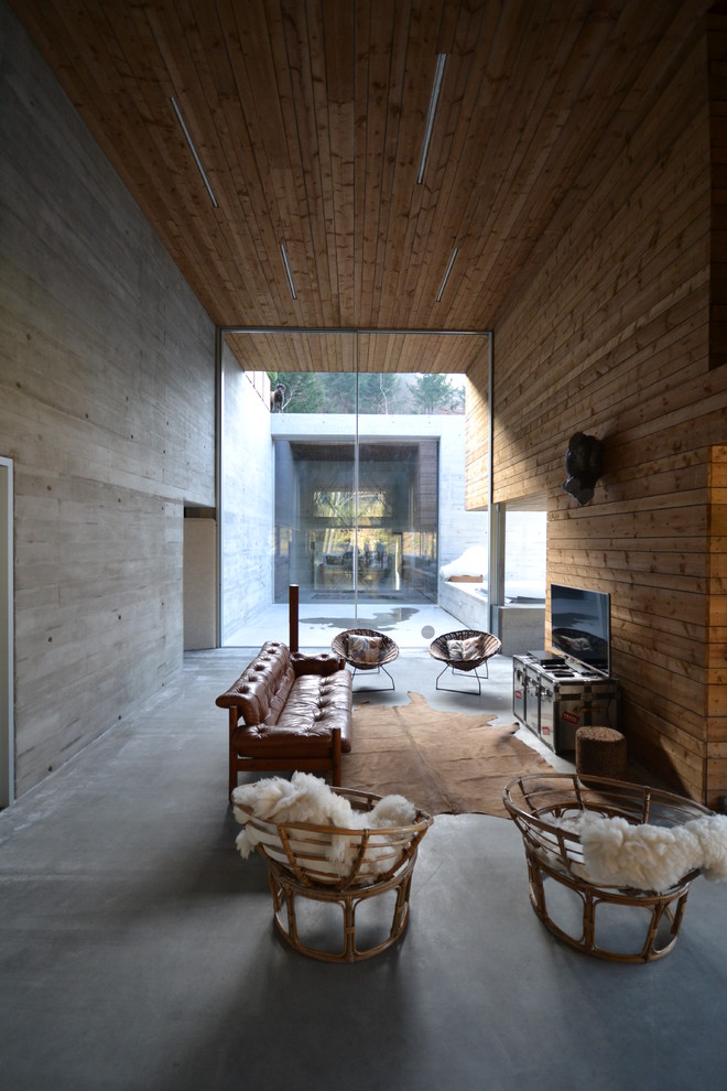 Ispirazione per un soggiorno scandinavo di medie dimensioni e aperto con sala formale, pavimento in cemento e TV autoportante