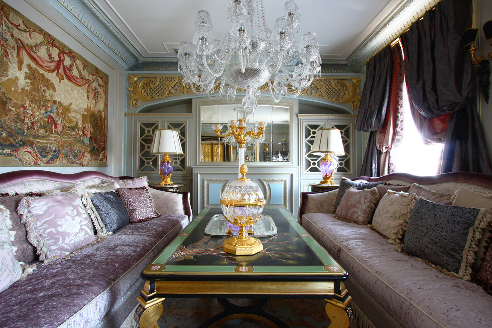 Medium sized traditional formal enclosed living room in Paris with multi-coloured walls, no fireplace, no tv and feature lighting.