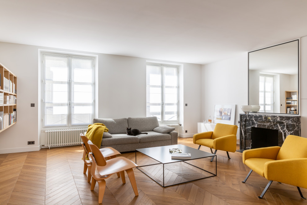 Danish light wood floor and brown floor living room photo in Paris with white walls, a standard fireplace and a stone fireplace