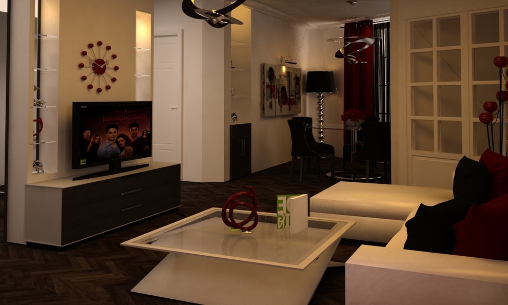Mittelgroßes, Repräsentatives, Offenes Shabby-Look Wohnzimmer ohne Kamin mit weißer Wandfarbe, braunem Holzboden und freistehendem TV in Paris