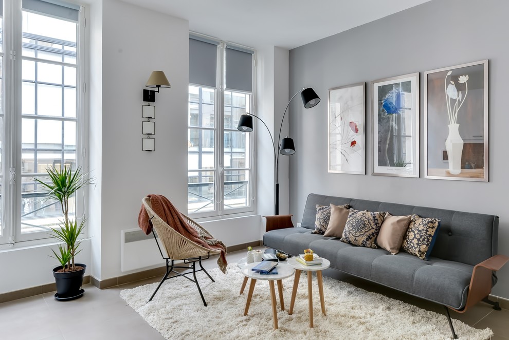 Design ideas for a contemporary living room in Paris with grey walls.