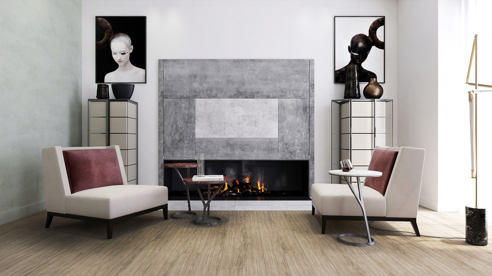Aménagement d'un grand salon moderne ouvert avec un mur blanc, parquet clair, une cheminée standard, un manteau de cheminée en béton, aucun téléviseur et un sol marron.