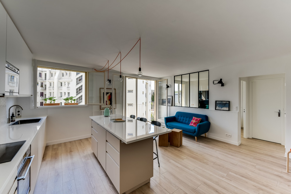 Mittelgroßes, Fernseherloses, Offenes Skandinavisches Wohnzimmer mit weißer Wandfarbe und hellem Holzboden in Paris