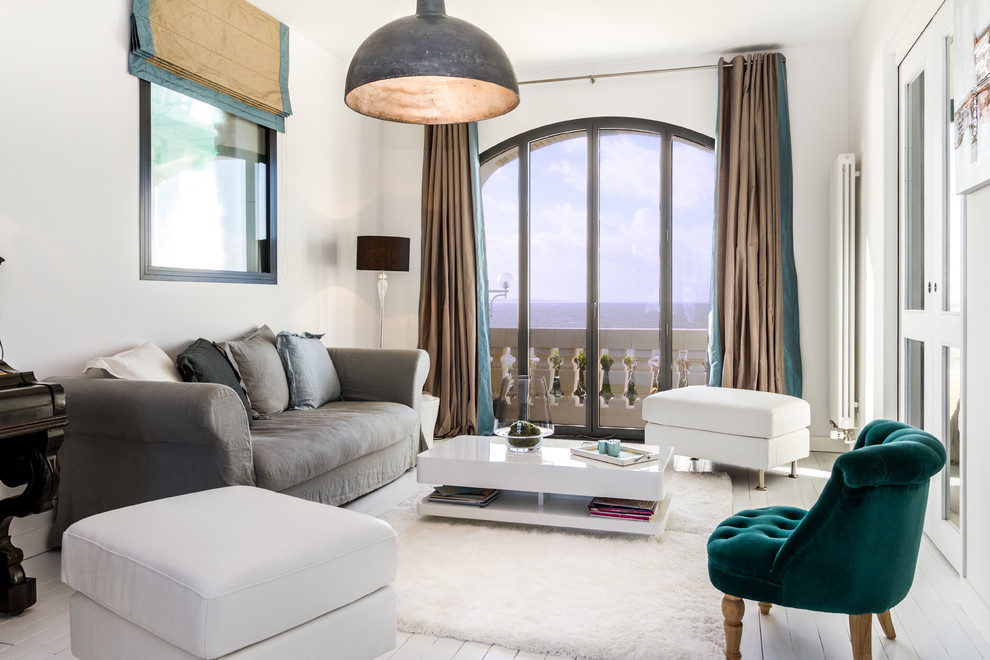 Mid-sized eclectic formal and enclosed painted wood floor living room photo in Angers with white walls, no fireplace and no tv