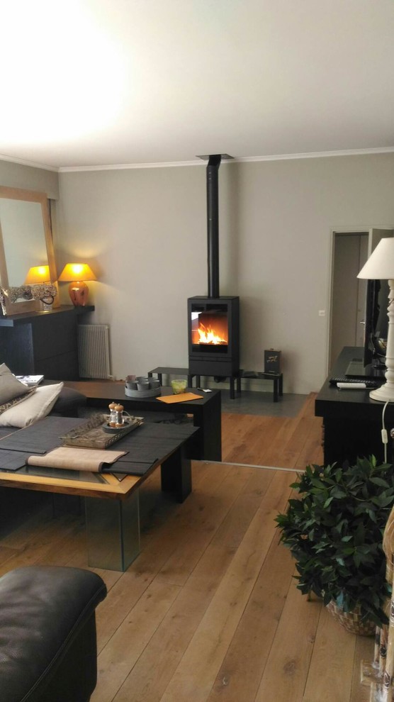 Inspiration for a large scandinavian living room in Paris with a wood burning stove and a metal fireplace surround.