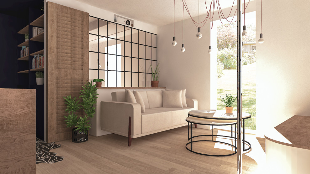 Kleines, Fernseherloses, Offenes Industrial Wohnzimmer ohne Kamin mit weißer Wandfarbe, hellem Holzboden und Tapetenwänden in Lyon