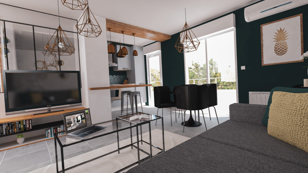 This is an example of a small industrial living room in Marseille with blue walls and grey floors.