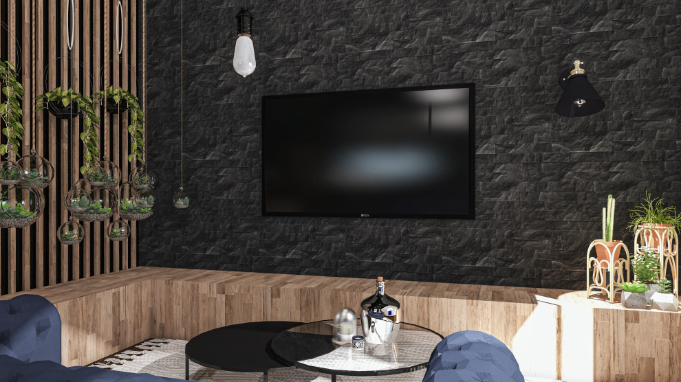 リヨンにある高級な中くらいなインダストリアルスタイルのおしゃれなLDK (ライブラリー、黒い壁、濃色無垢フローリング、標準型暖炉、金属の暖炉まわり、壁掛け型テレビ、茶色い床、レンガ壁) の写真