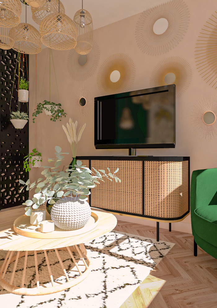 Imagen de salón campestre pequeño con paredes blancas, suelo de madera clara, televisor independiente y suelo beige
