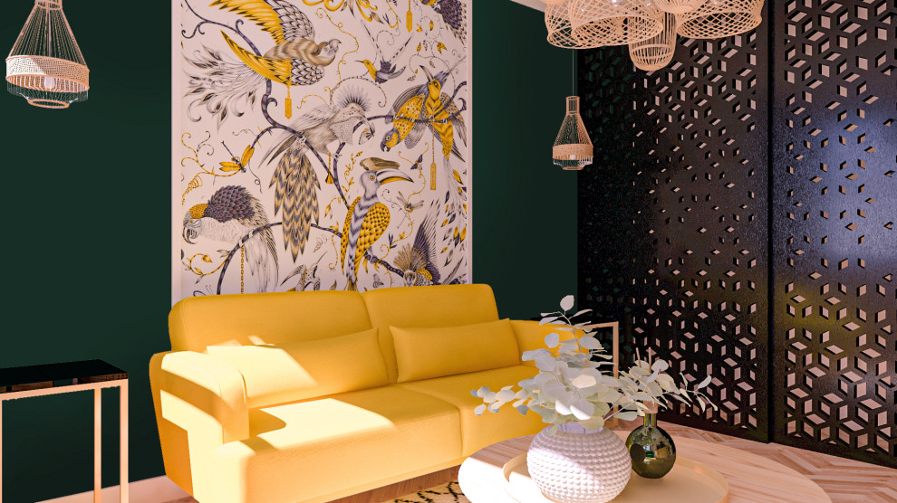 Kleines Country Wohnzimmer mit weißer Wandfarbe, hellem Holzboden, freistehendem TV, beigem Boden und Tapetenwänden in Lyon
