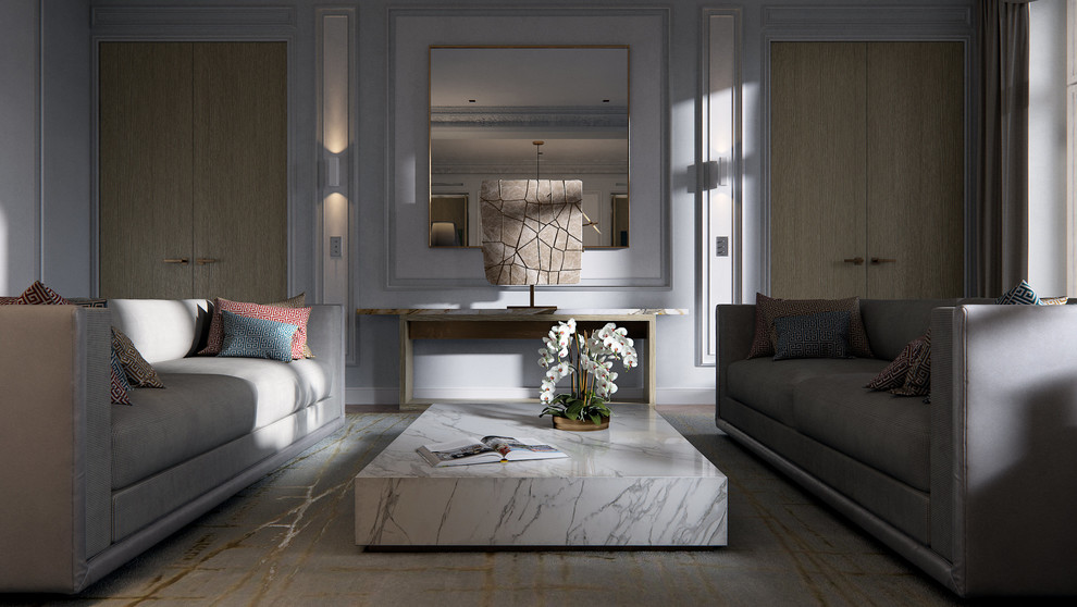 Immagine di un grande soggiorno classico chiuso con pareti bianche, parquet chiaro, camino classico, nessuna TV e pavimento marrone