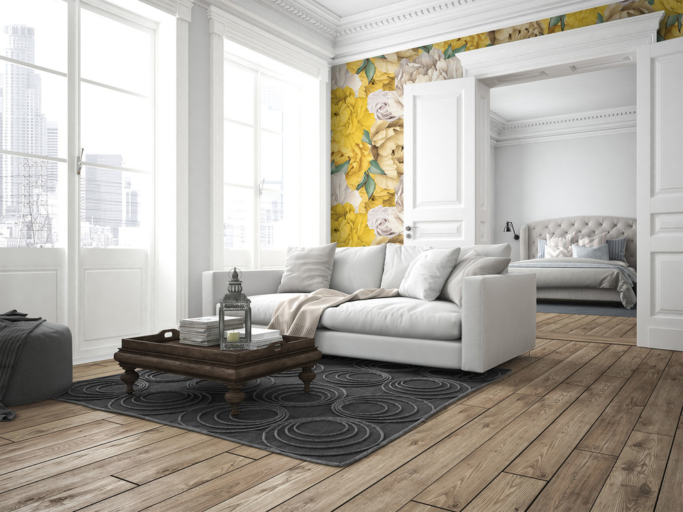 Ispirazione per un soggiorno classico di medie dimensioni e aperto con pareti bianche e pavimento in legno massello medio