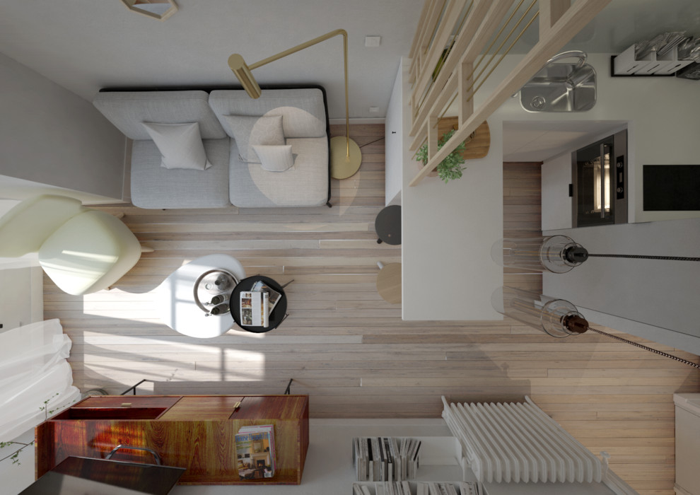 Cette image montre un petit salon design ouvert avec une salle de réception, un mur blanc, parquet clair, aucune cheminée, un téléviseur indépendant et un sol marron.