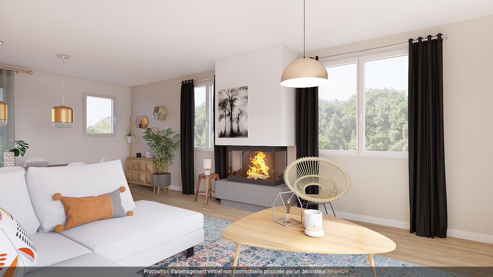 На фото: открытая гостиная комната в скандинавском стиле с стандартным камином и фасадом камина из штукатурки